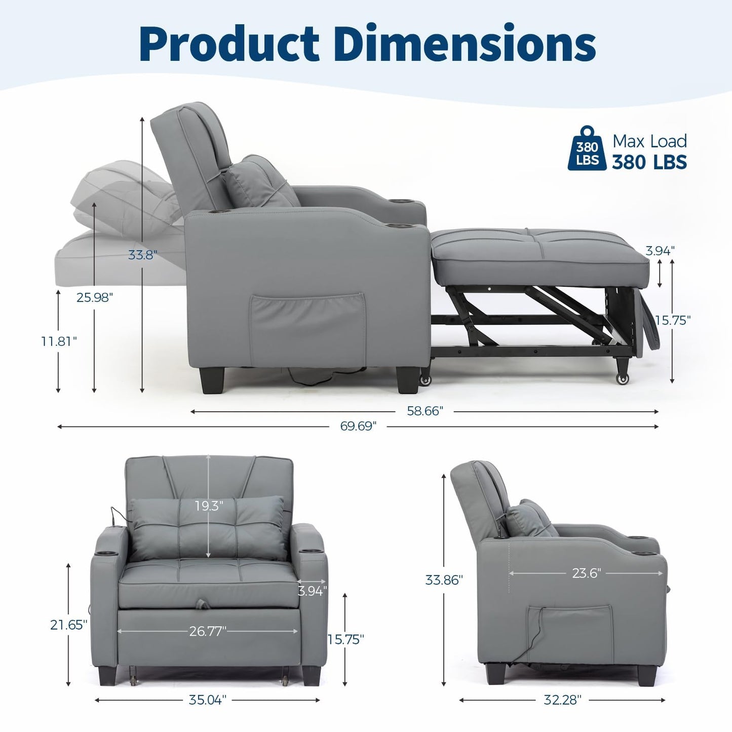 Sleeper Chair Pull Out Bed, 4 in 1 Convertible Sofa Chair Bed with Vibration Massage Lumbar Pillow, Single Sofa Recliner with USB/Type-C Port, Cup Holders and Side Pocket for Small Spaces (Grey)
