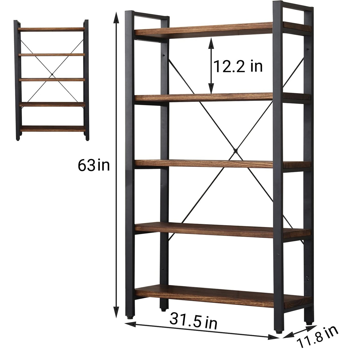 WH-AOERPUMY 5 Tier Bookcase, Solid Wood Bookshelf Rustic Vintage Industrial Etagere Bookcase, Metal and Wood Free Vintage Bookshelf, Retro Brown (5-Tiers)