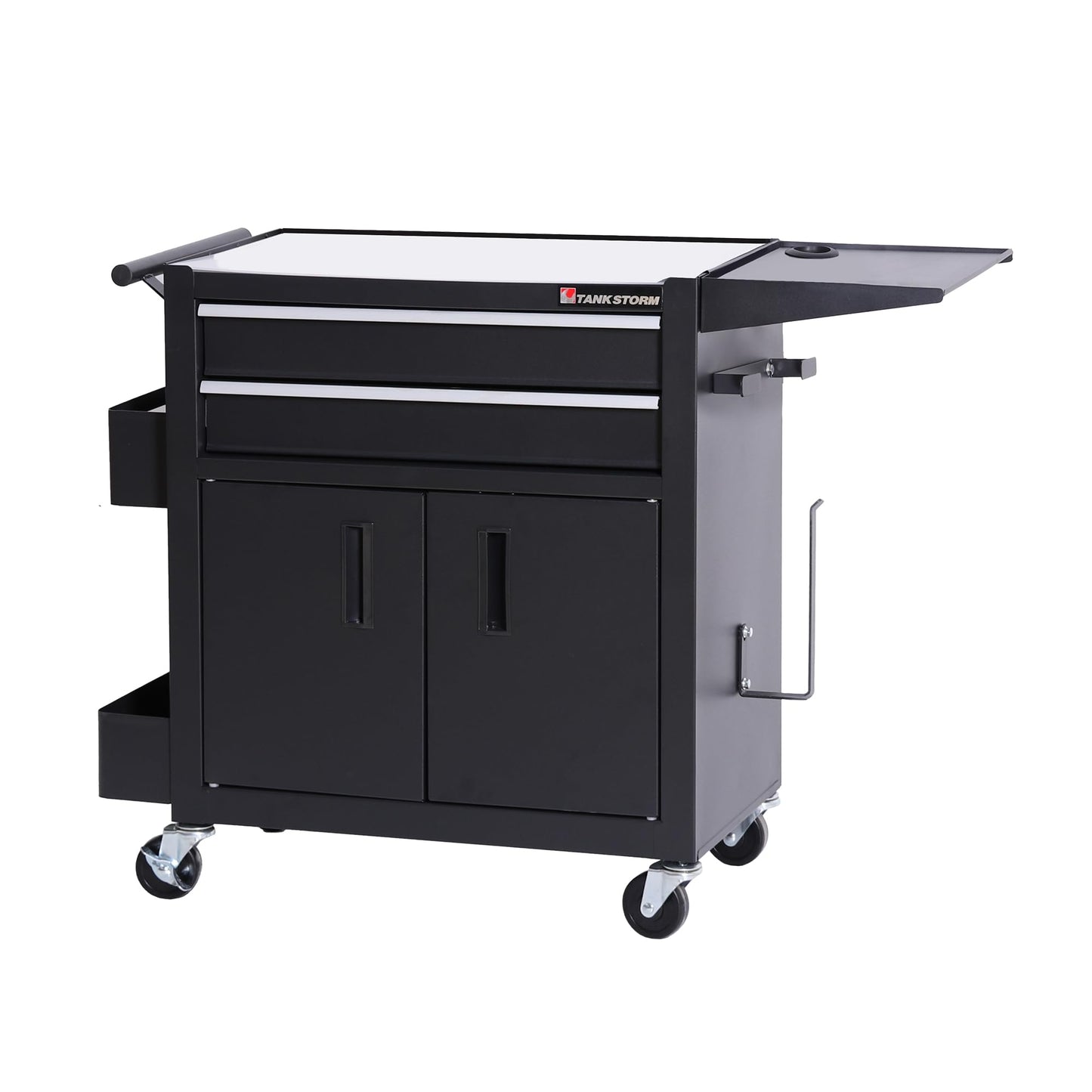 TANKSTORM Rolling Tattoo Workstation Cart, 2-Drawer Lockable Utility Cart with Wheels, Metal Rolling Tool Chest with Cabinet & Side Trays, Mobile Workbench for Tattoo Studio, Salon, Garage, Workshop