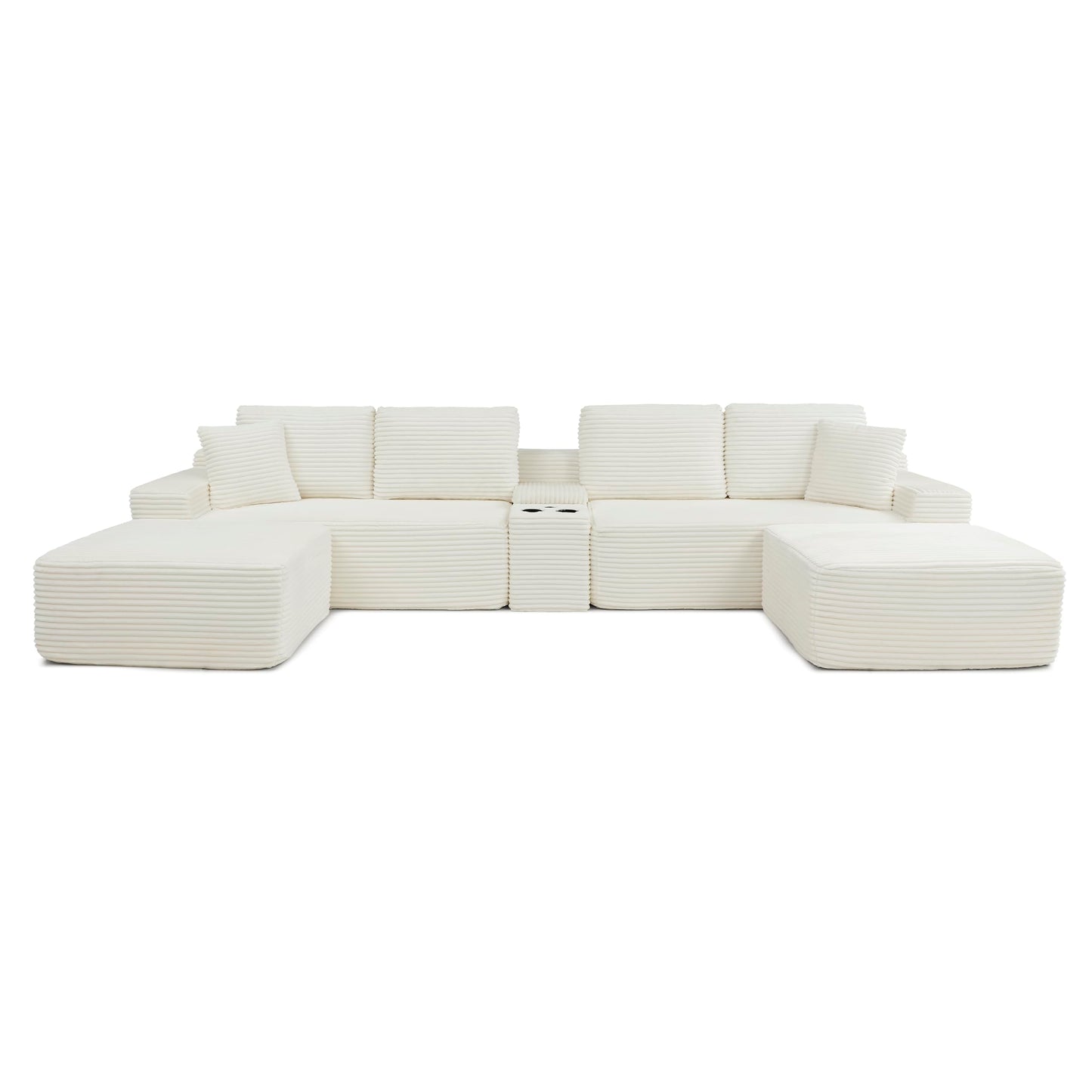 KEIKI 125" Corduroy Sectional Sofa with Two Ottomans, Upholstered Boneless Couch with Cupholders, USB Ports, L Shaped Cloud Couch for Living Room, Bedroom, Office, Apartment, Beige