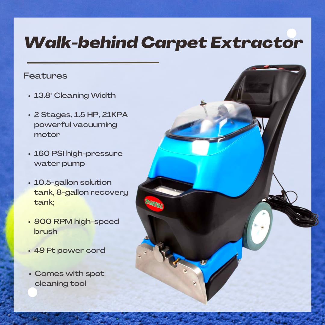 Commercial Walk-Behind Carpet Extractor Machine, 160 PSI Cold Water Carpet Cleaner, 21 KPA Suction, 13.8" Brush Width, 18.5" Squeegee Width, 10.5-Gal Solution Tank, 8-Gal Recovery Tank