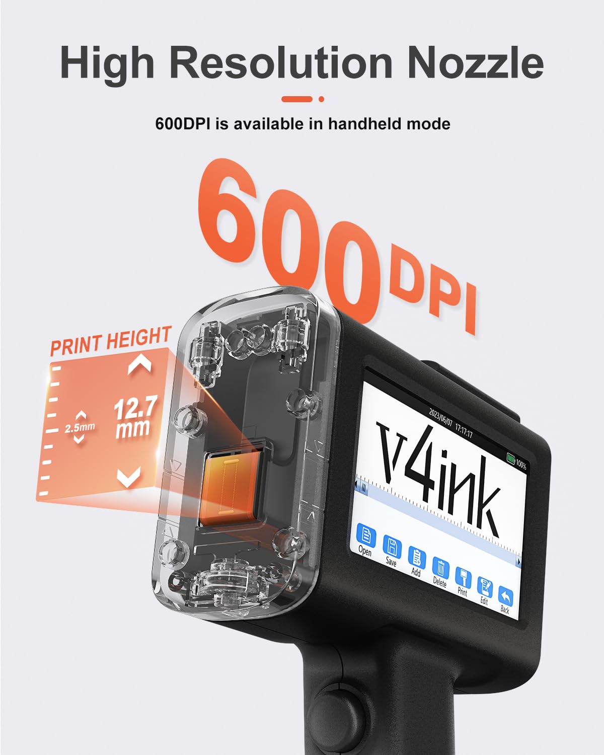 v4ink BENTSAI Handheld Inkjet Printer BT-HH6105B2 Portable TIJ Handheld Printer with 12.7mm Print Height for Batch Number Date Logo QR Code Barcode Picture Printing on Any Surfaces