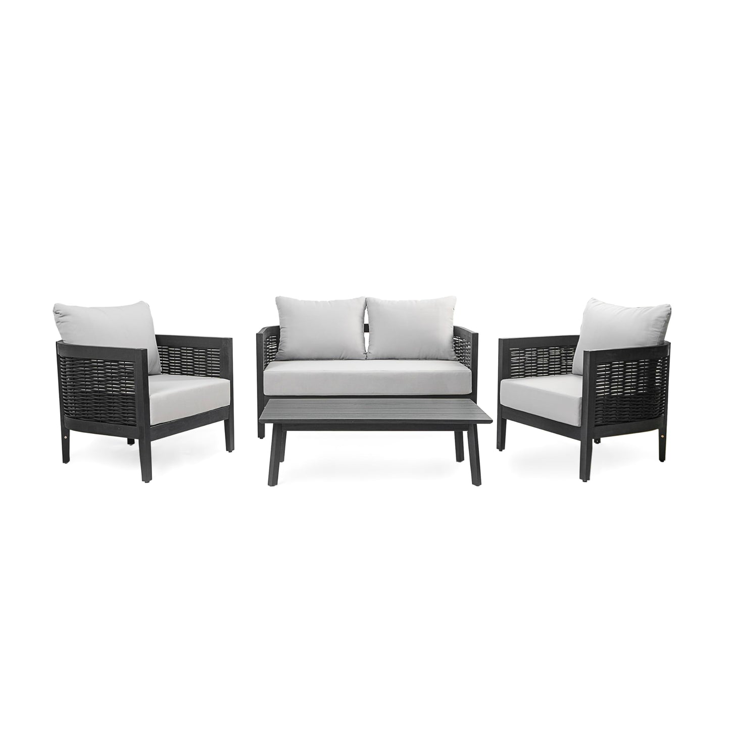 Christopher Knight Home Peron Patio 4-Seater Conversation Set, Sofa/Loveseat, 2 Club Chairs, Coffee Table, Cushion+Back Pillows, Acacia Wood+Wicker, Garden, Backyard, Poolside, Black + Light Grey