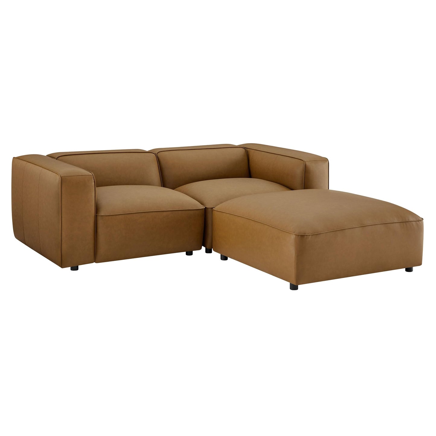 Modway Auren Vegan Leather 3 Piece Modular Sofa in Camel - Faux Leather Loveseat with Ottoman - Comfy 2 Seater Sofa with Footstool - Mid Century Couch for Living Room, Apartment, Loft