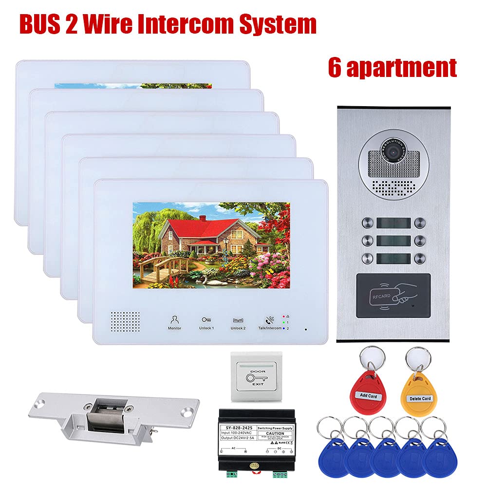 6-Unit Home Apartment Visual Intercom Doorbell System,7" LCD Screen Bus 2pin Wired Video Door Phone Kit,for Home Night Vision+ Cathode Lock(1 Doorbell+6 Monitor)