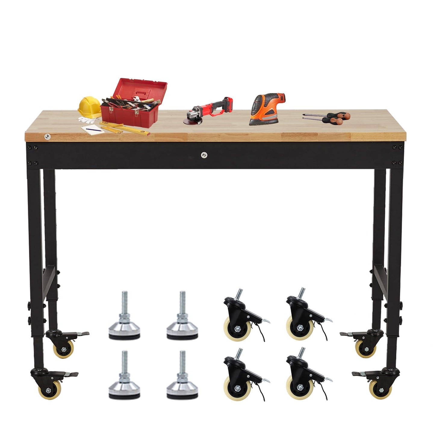 ACONEE 48" Adjustable Workbench, Heavy Duty Workstation 2000 LBS Load Capacity, Rubber Wood Top Workstation with 4 Rolling Casters, Power Outlets, Metal Frame, Wood Top Workbench for Workshop Garage
