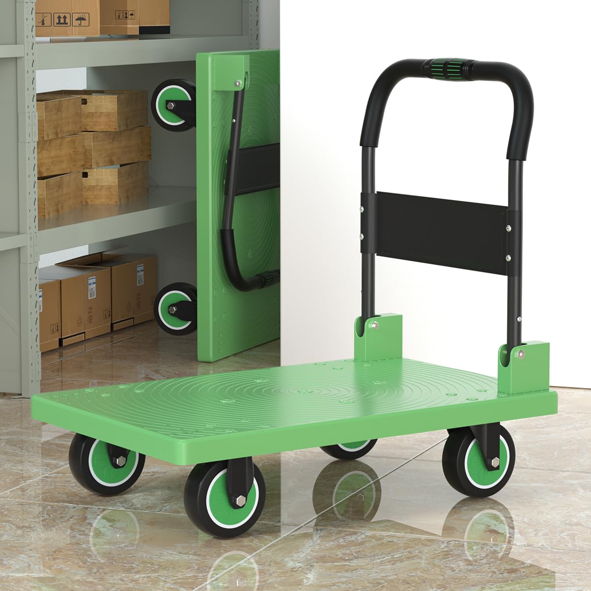 WUD Push Cart, Folding Mobile Platform Trolley,Thickened and Reinforced, 360° Swivel Wheels, 35.4 “L x 23.6 ”W, 1323 lb. Green Dolly cart with Wheels