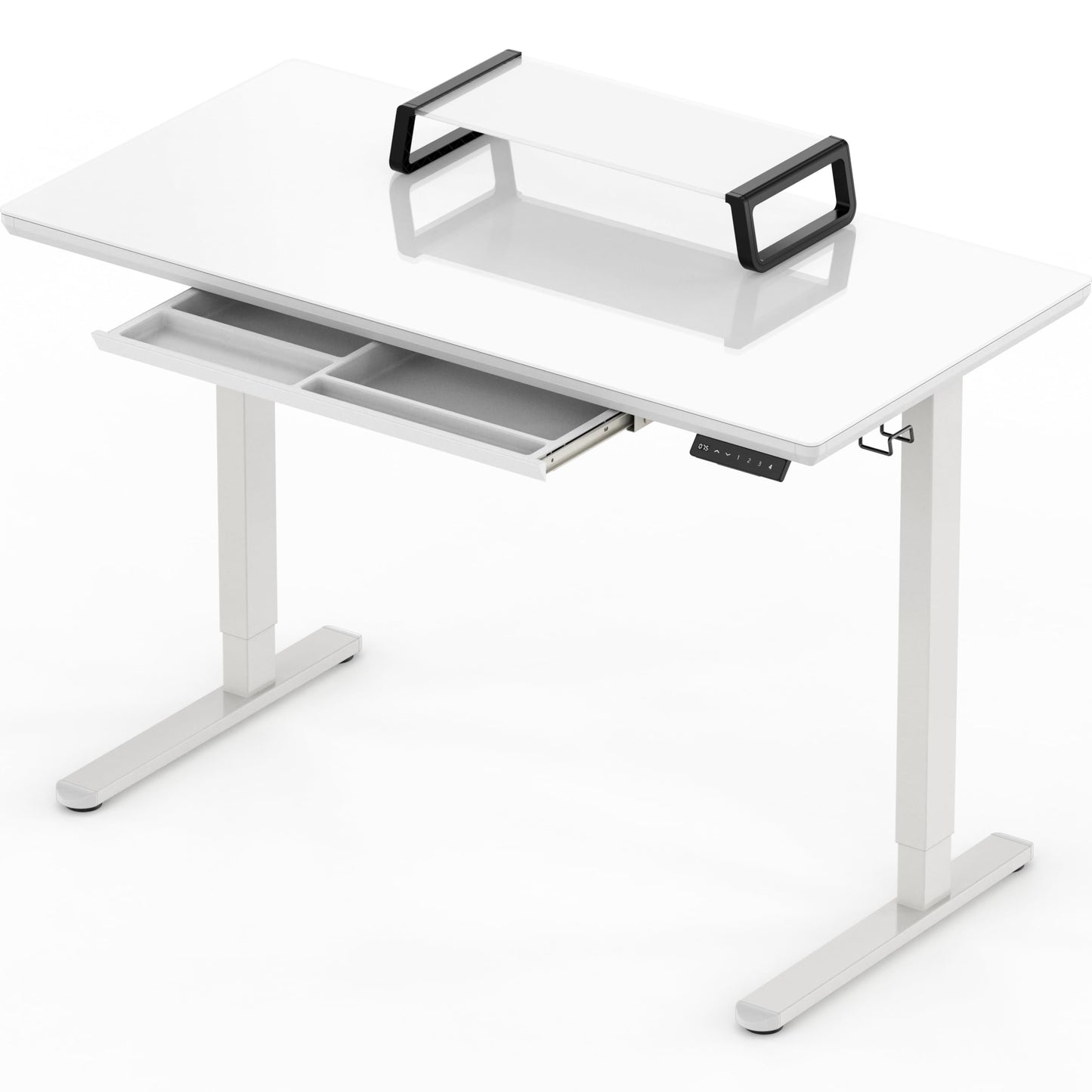 SHW 48x24 Glass Electric Height Adjustable Standing Desk – Motorized Sit Stand Desk with Monitor Riser, Pull-Out Drawer, Memory Presets, White