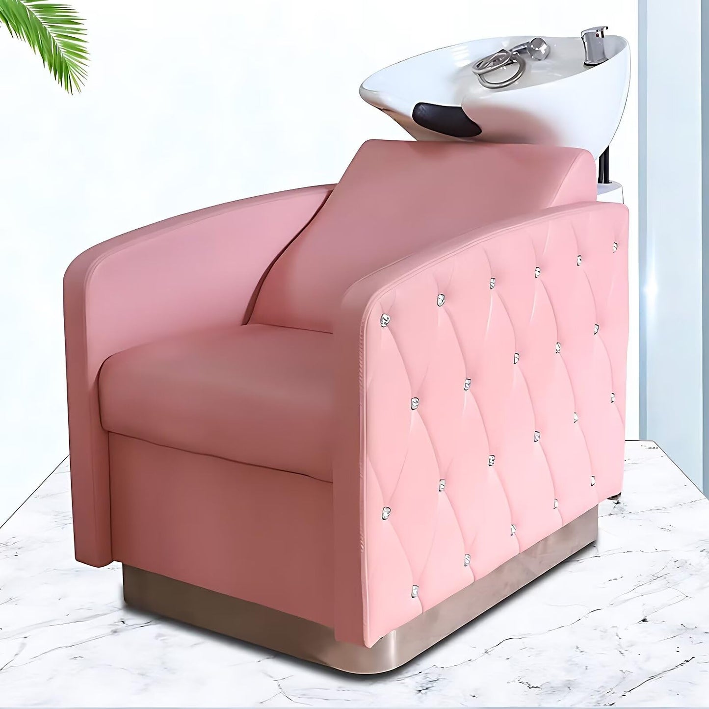 HHEvergreenEnsemble Shampoo Bowl and Chair Set for Salon with Luxury Crystal Buttons, Ceramic Basin, Hair Washing Stations and Backwash Unit for Hair Stylist