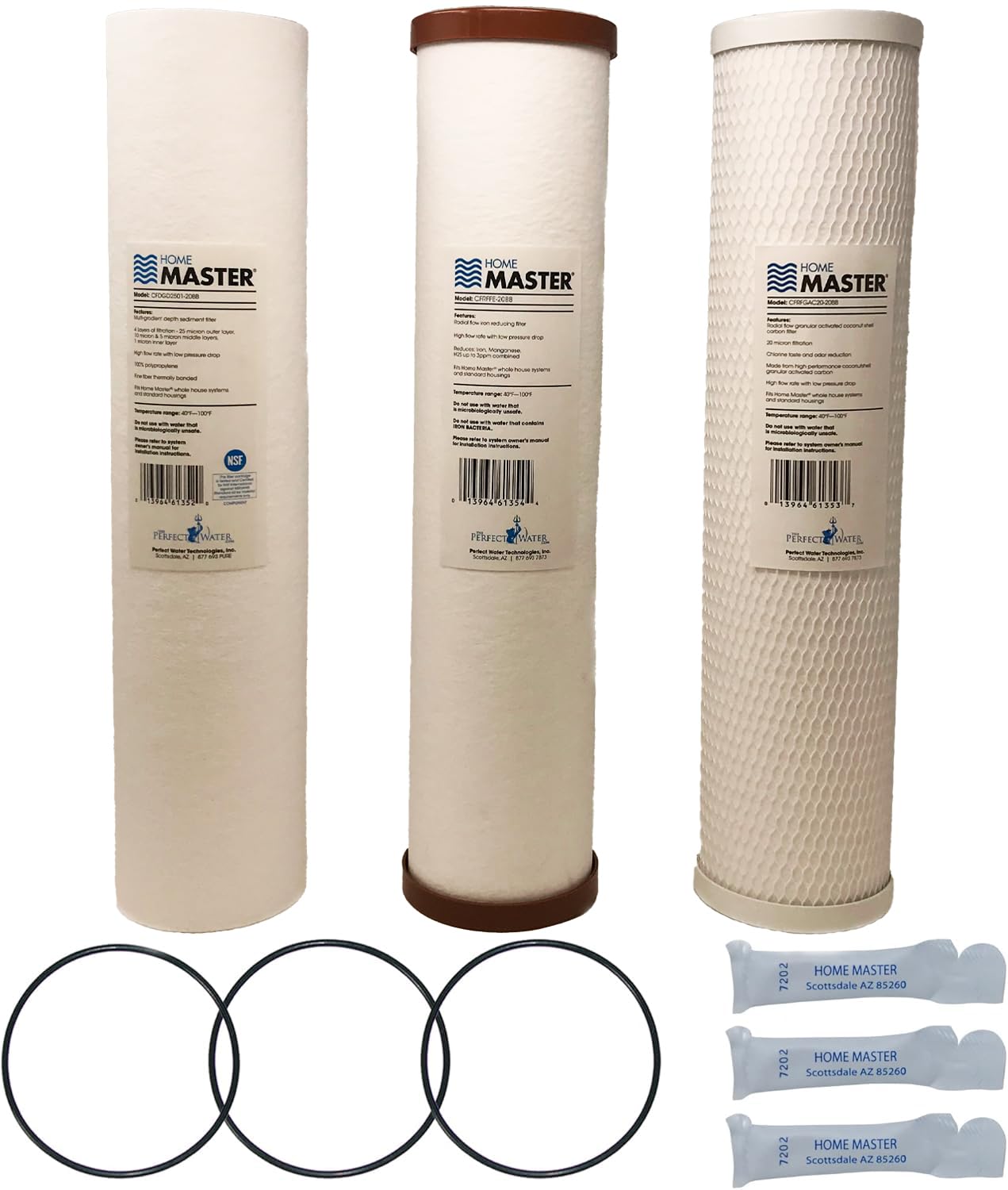 Home Master Whole House 4-Layer Sediment 25 to 1 Micron, Iron, Radial Flow GAC Carbon, 2 orings & Grease, 15gpm, Replacement Filter Set CsetBB3SmgFeC 20x4.5
