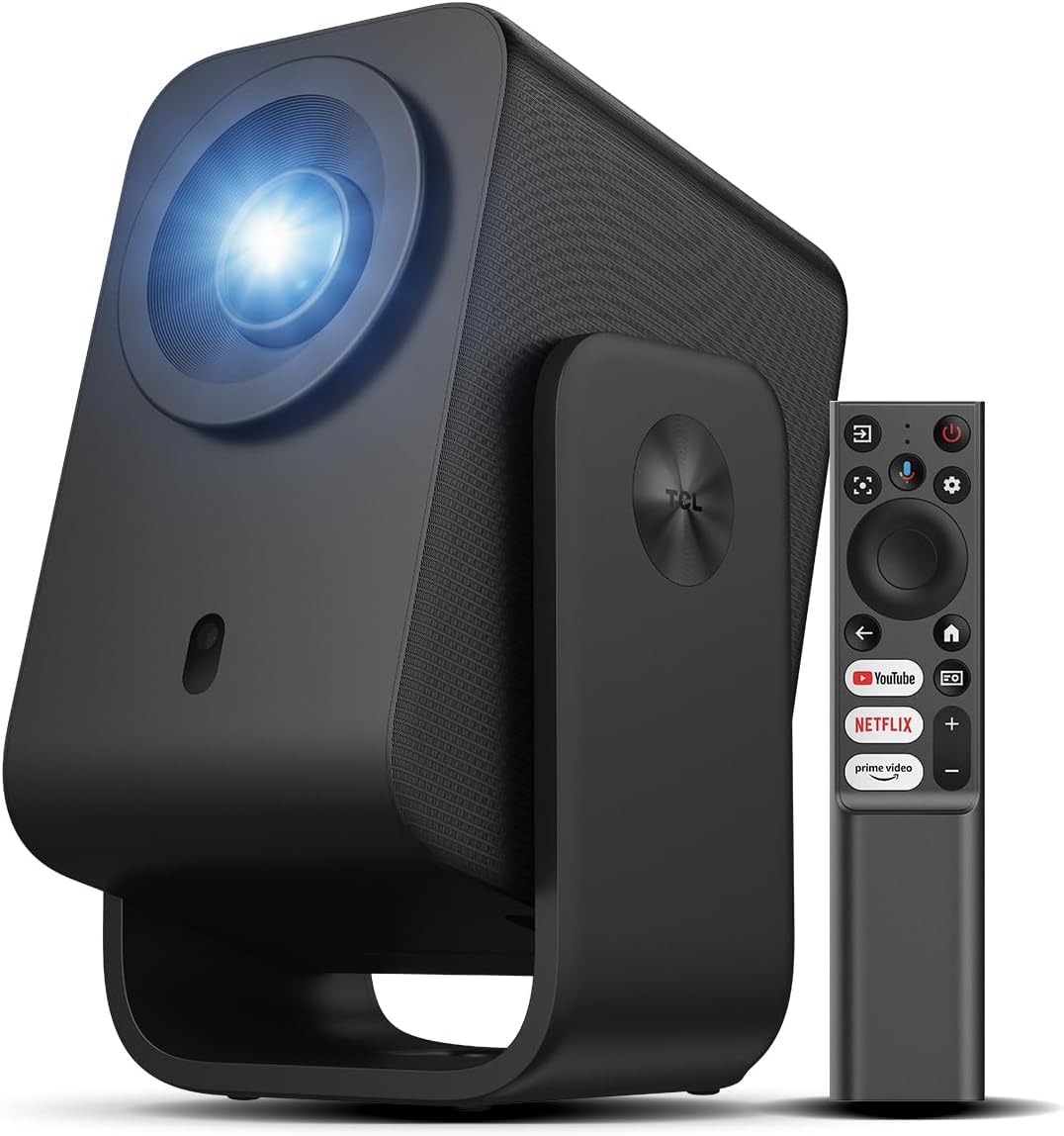 TCL C1 Smart Projector 4K Support, Compatible with Google TV, WiFi and Bluetooth, Auto Focus/Keystone, 1080P HDR10, Dolby Audio, 285° Rotation Mini LCD Projector for Bedroom/Home Theater/Outdoor,Black