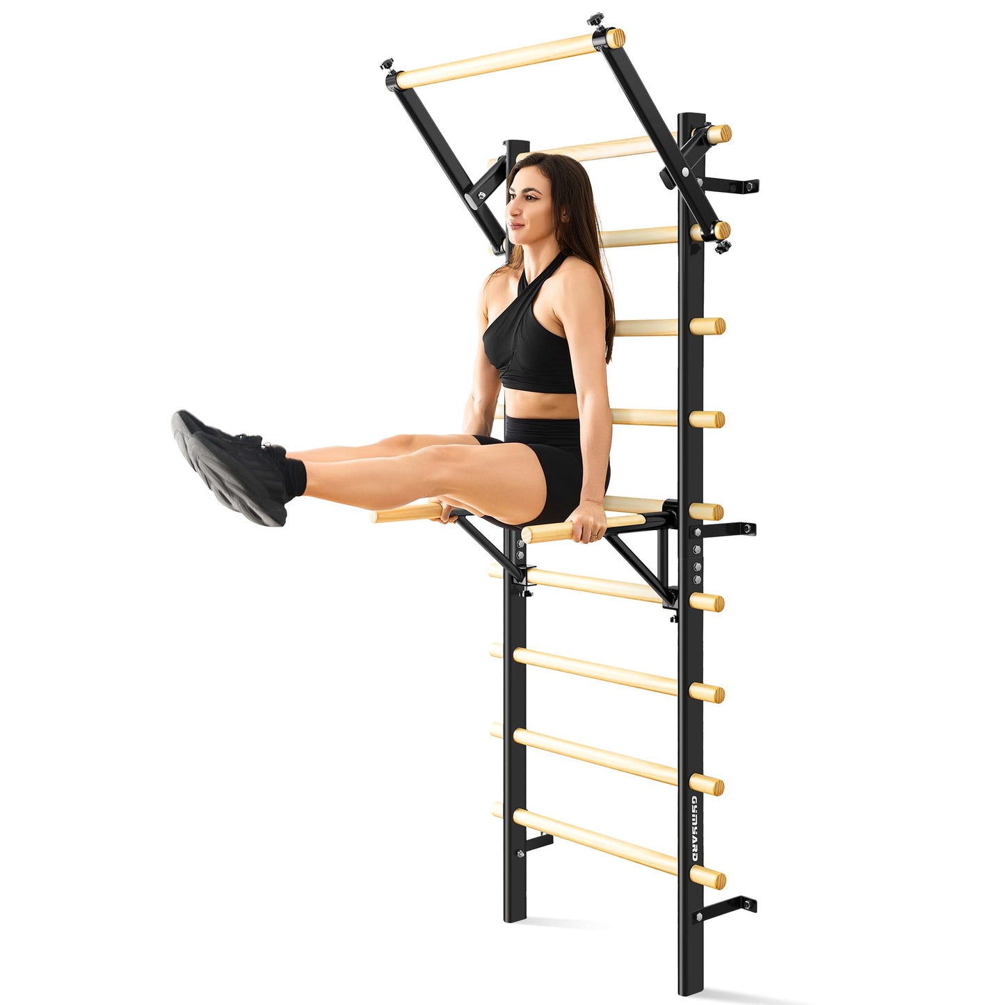 GymYard Swedish Ladder, Wood Stall Bar, Swedish ladders Wall Gym Adult, Adjustable Pull Up and Dip Station for Adults and Kids, 9-Anchor Solid Pine, Home Fitness