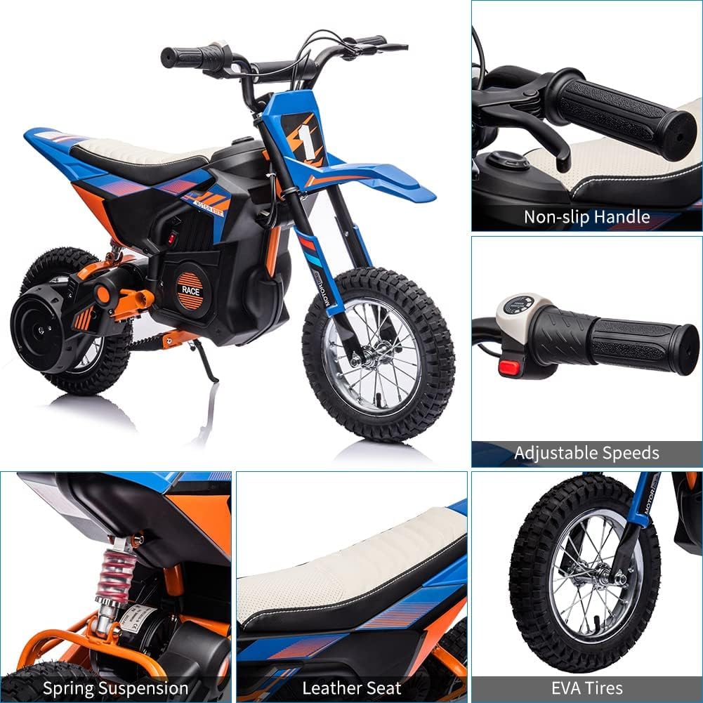24V Kids Ride On Electric Motorcycle,250W Motor 13.6MPH Fast Speed Dirt Bike,Leather Seat Battery Powered Off-Road Bike,Twist Grip Throttle,Metal Suspension,Air-Filled Tires,for Teens