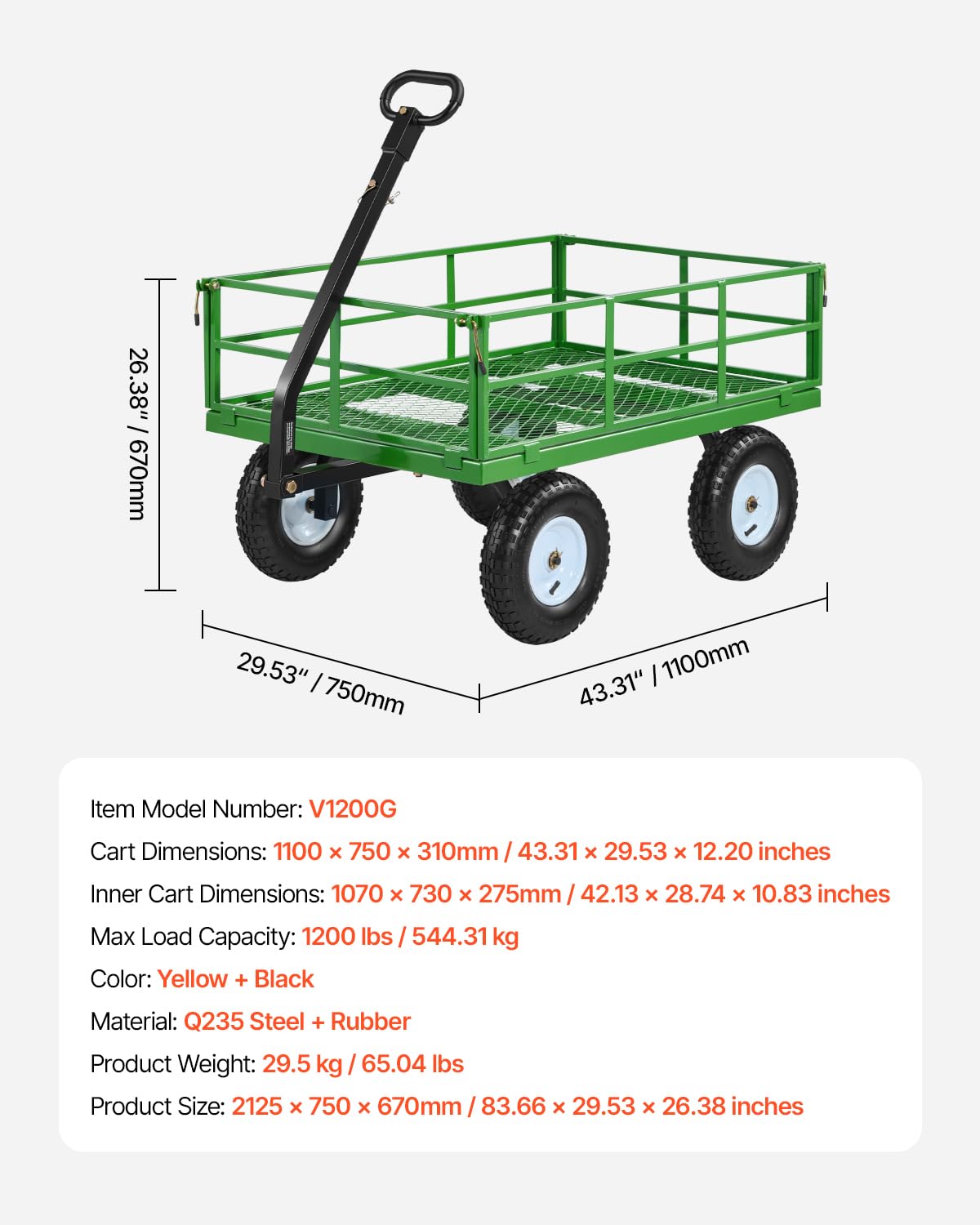 VEVOR Steel Garden Cart, 1200 lbs Heavy Duty Pullable Garden Wagon Yard Cart, 2 in 1 Outdoor Metal Utility Wagon Yard Trailer with 13" All Terrain Tires, Mesh Detachable Sides and 180° Rotating Handle