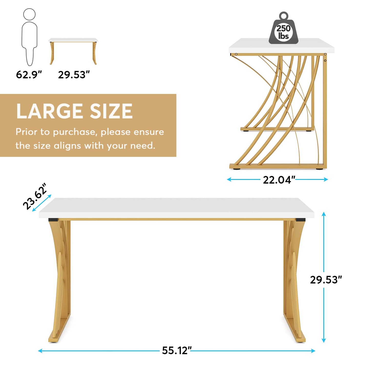 LITTLE TREE 55’’ Large Modern Computer Desk, White & Gold Luxury Laptop PC Student Table, Makeup Vanity Table with Thick Frame & Strong Legs, Sturdy Writing Workstation for Home & Office