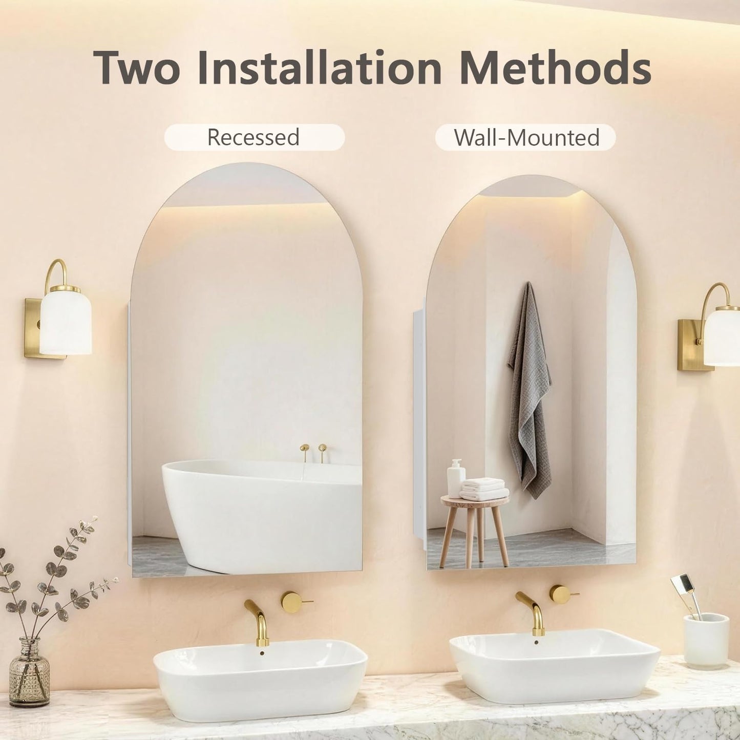 HESONTH Arched Medicine Cabinet with Mirror, 20x30 Inch, Wall Cabinet with Frameless Mirror, Recessed Or Surface Mount for Bathroom Bedroom with Storage, Bathroom Medicine Cabinet