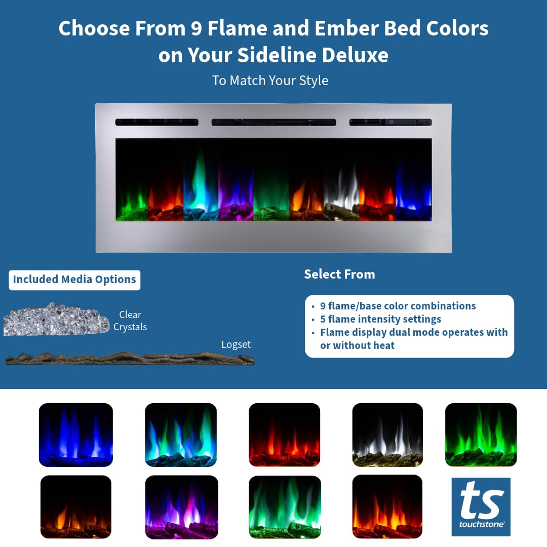 Touchstone Sideline Deluxe -Stainless Steel Smart Electric Fireplace- 50" Wide- Alexa/WiFi-Enabled- in Wall Recessed- 5 Flame Settings- 9 Flame Colors- 1,500W Heater- Log & Crystal Options- 86273