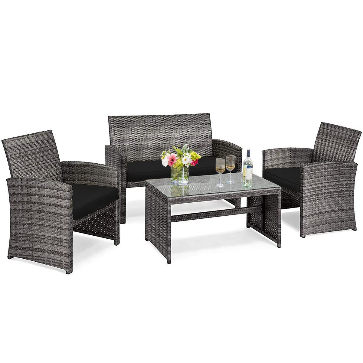 Tangkula 4 PCS Wicker Patio Conversation Set, Outdoor Rattan Sofas with Table Set, Patio Furniture Set with Soft Cushions & Tempered Glass Coffee Table for Poolside Balcony