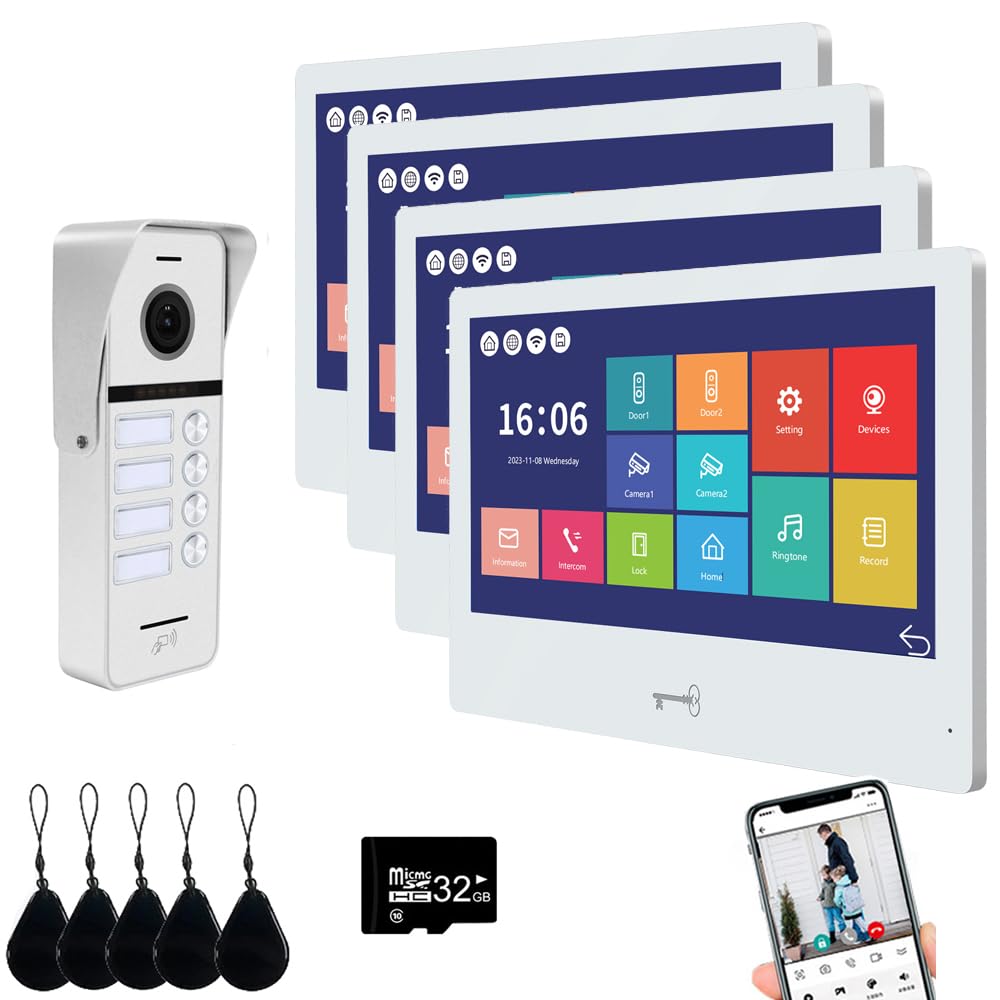 Wired Apartment Video Doorbell Intercom System,4 Units 10 Inch Touch WiFi Monitor,Wireless Video Door Phone Kit,Indoor Outdoor Support Monitoring,Unlocking,Two Way Intercom Tuya for Home Vally