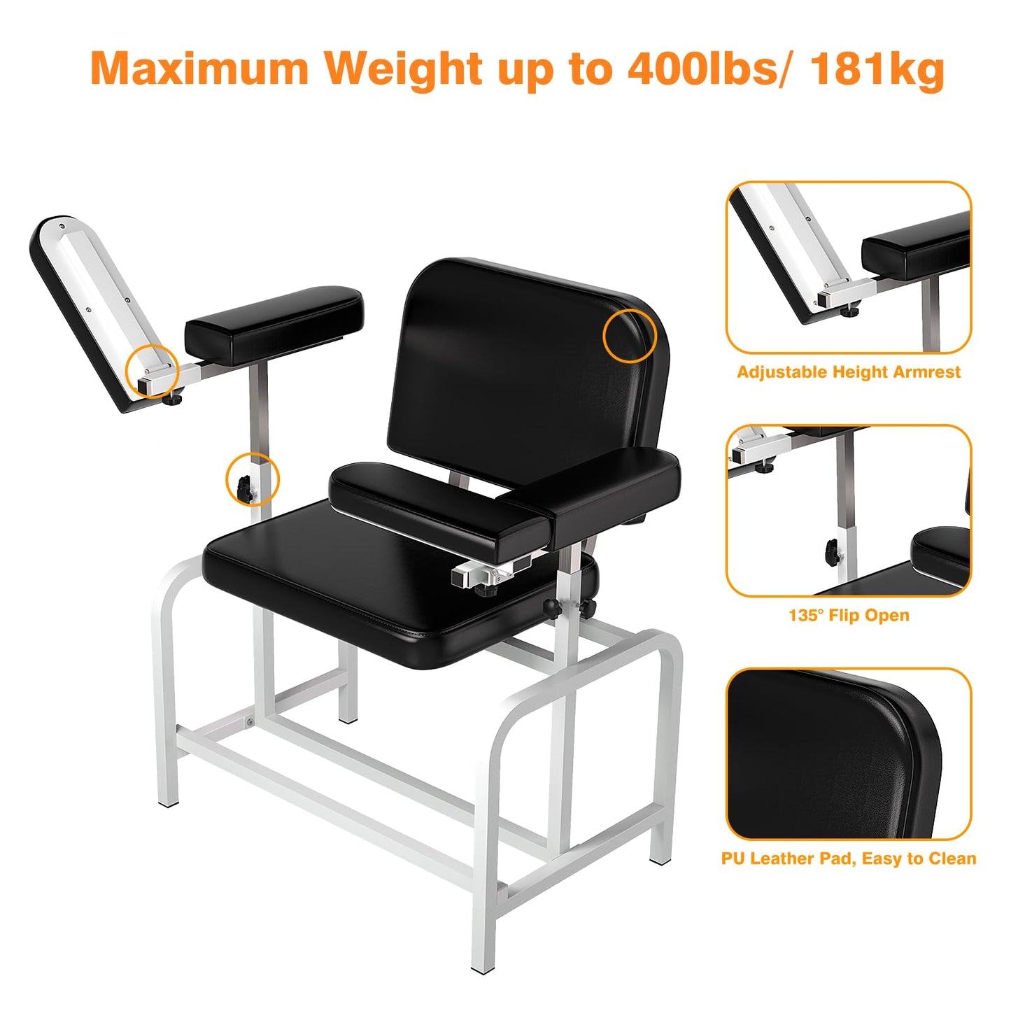 Metateel Blood Drawing Phlebotomy Chair with Adjustable Armrest - Extra Large Comfortable Padded Medical Chairs for Hospital Clinic Lab Medical Facilities (Black)