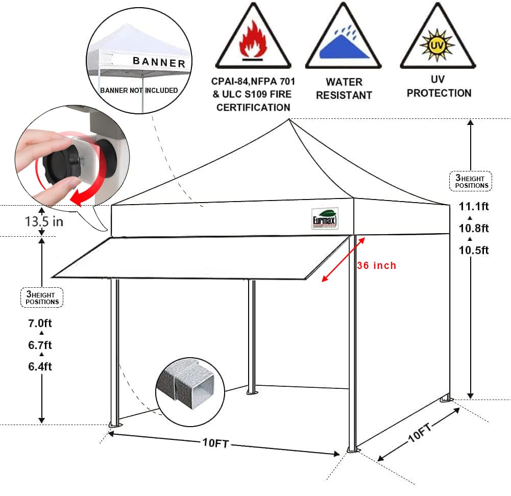 Eurmax USA 10x10 Pop Up Canopy,Commercial Tent with Patented No-Tip Rolling Bag,30sqft Extension Awning & 4 Zippered Removable Walls,UV & Water Resistant,Heavy Duty Instant Shelter Gazebo,Grey