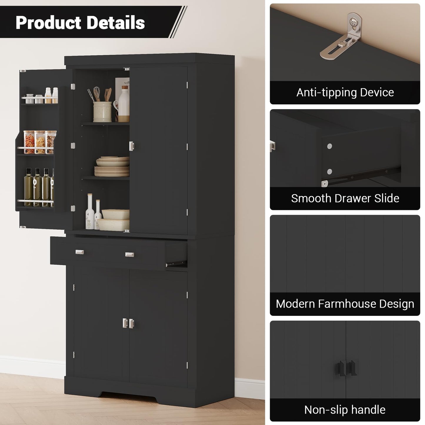 72" Kitchen Pantry Cabinet, Kitchen Pantry with 6 Door Shelves, 2 Cabinets and 1 Drawer, Tall Storage Cabinet for Living Room, Dining Room, Black