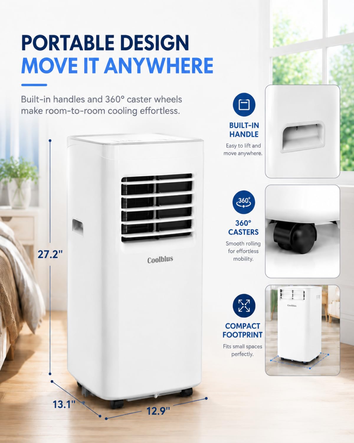 Coolblus Portable Air Conditioners, 8500 BTU Portable AC Cool Up to 360 Sq.Ft, 3 IN 1 with Remote Control, Sleep Mode, Window Kit, No Wall or Window Installation Needed, White-8500BTU