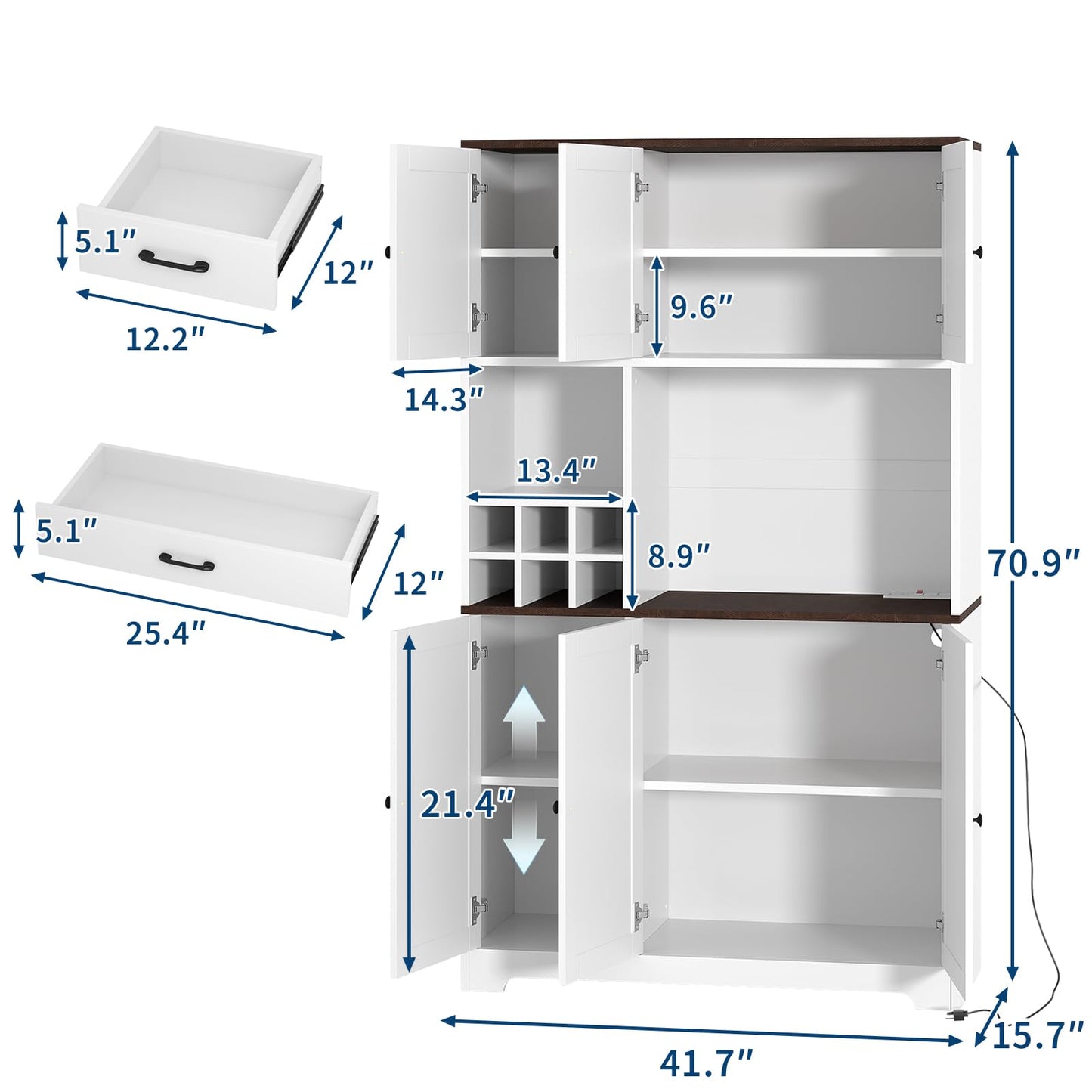 IDEALHOUSE 71" White Farmhouse Kitchen Pantry Cabinet with Wine Rack & Coffee Bar Station - Tall Freestanding Storage Cabinet Hutch for Dining Room, Living Room, Home Bar