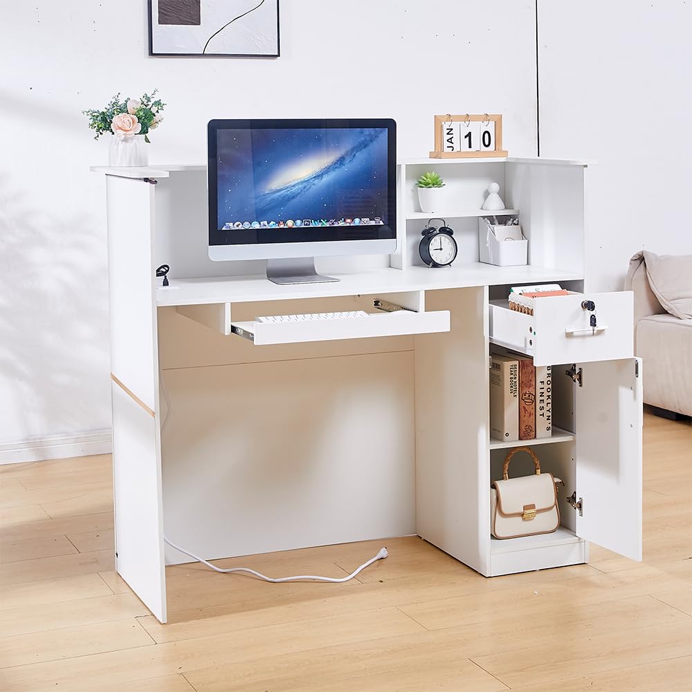 50" Reception Desk – Modern Front Desk with Lockable Drawer, Keyboard Tray, Storage Cabinet, Built-in Power Outlet, LED Lights & DIY Stripe – Ideal for Lobbies, Salons & Retail
