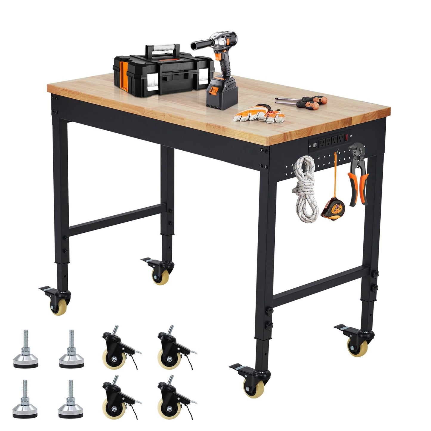 ACONEE 48" Adjustable Workbench, Heavy Duty Workstation 2000 LBS Load Capacity, Rubber Wood Top Workstation with 4 Rolling Casters, Power Outlets, Metal Frame, Wood Top Workbench for Workshop Garage