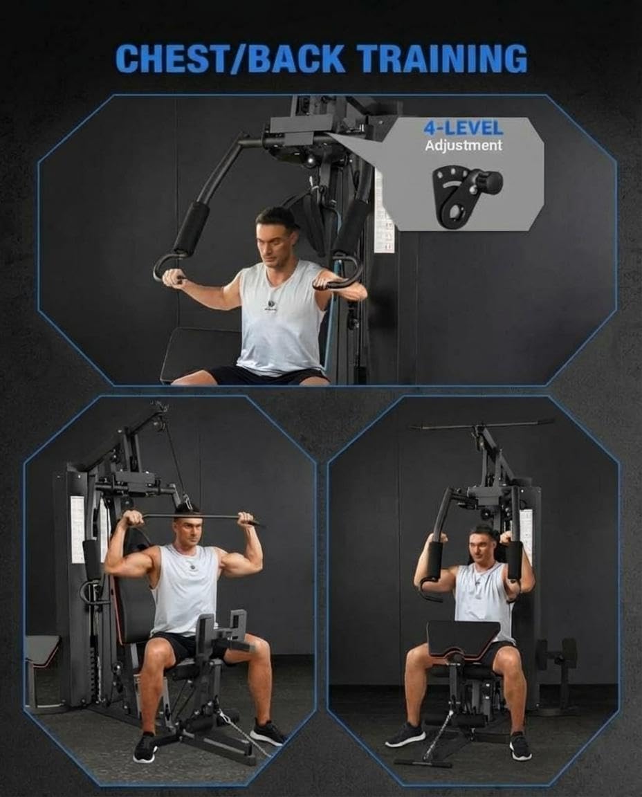 Multifunctional Home Gym Equipment - 150LB Weight Stack Workout Station for Full Body Strength Training, High/Low Pulley System with Leg Press & Butterfly Arms
