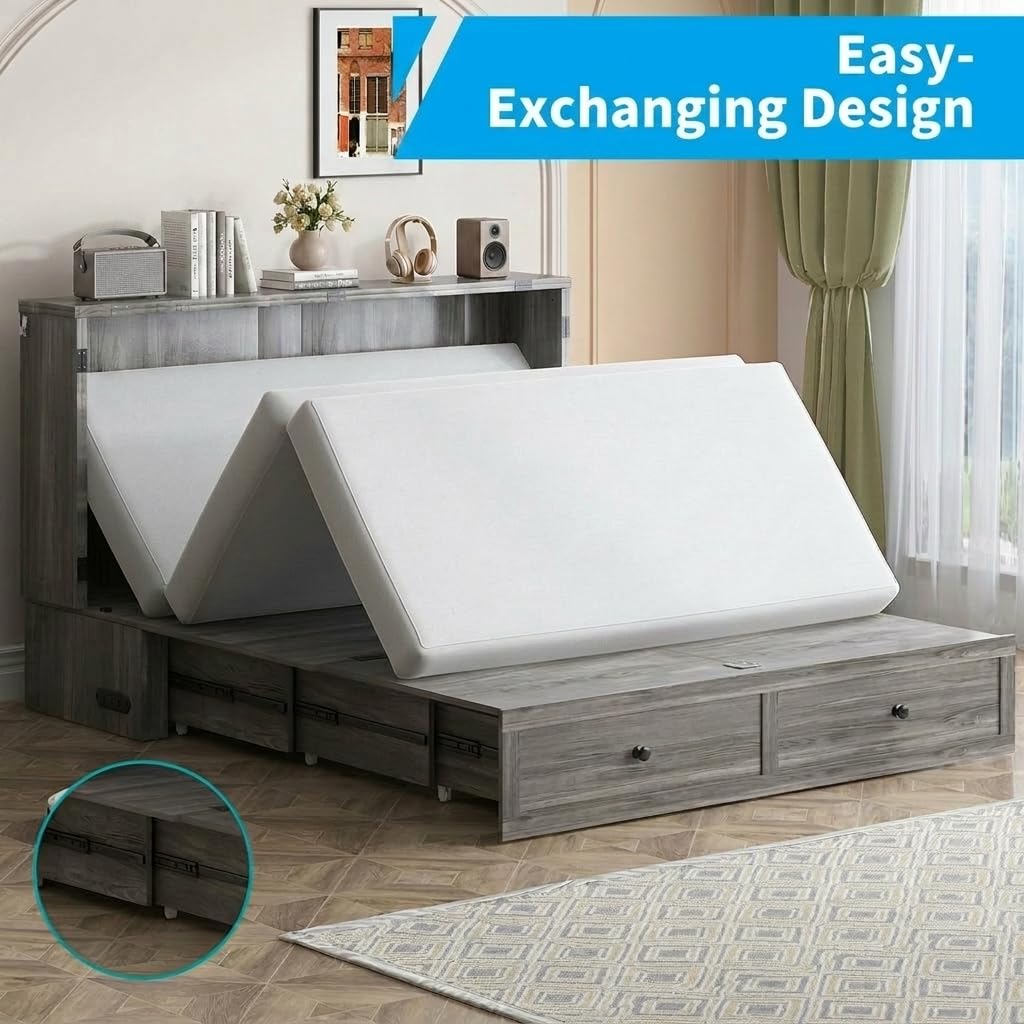Mjkone Full Size Murphy Bed Cabinet with 5” Tri-Folding Foam Mattress, Foldable Convertible Chest Cabinet Wall Bed with Drawers & USB Charging Station for Small Spaces, Guest Room, Studio, Grey