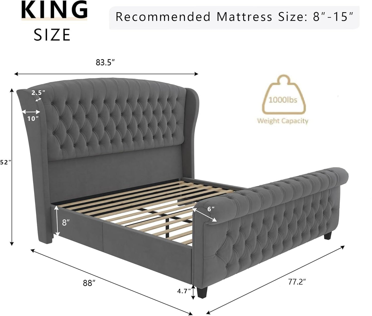 AMERLIFE King Size Platform Bed Frame, Velvet Upholstered Sleigh Bed with Scroll Wingback Headboard & Footboard/Button Tufted/No Box Spring Required/Grey