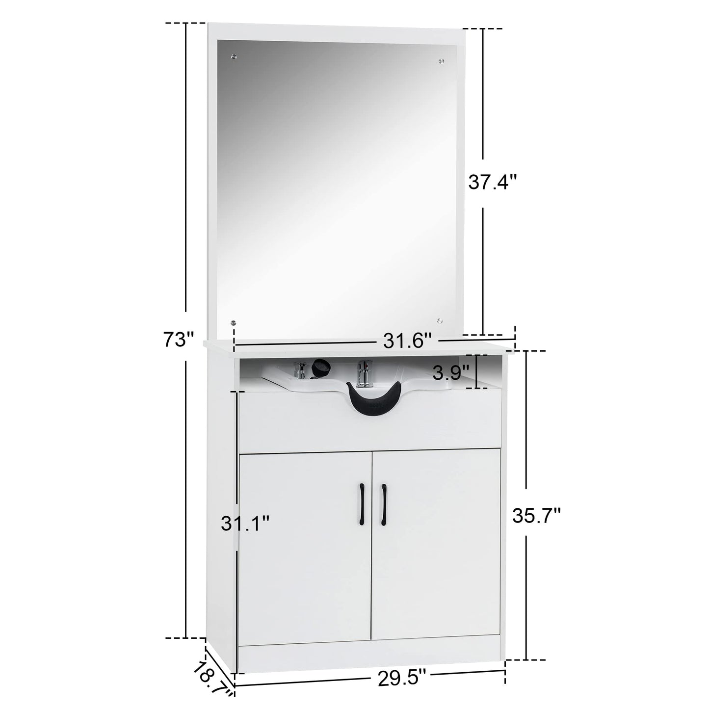 BarberPub Backwash Shampoo Bowl Sink Chair Station with Mirror Salon Styling Cabinet Spa Equipment 3130 (White)