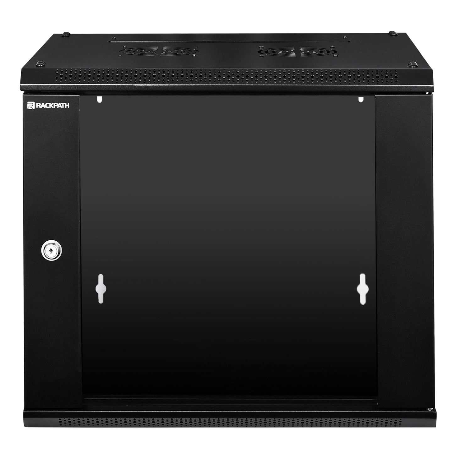 RackPath 9U Wall Mount Network Rack Cabinet – Quiet Cooling Fan, Locking Glass Door, 17.7" Deep (450mm), Removable Locking Side Panels, Fits 19" IT & A/V Equipment