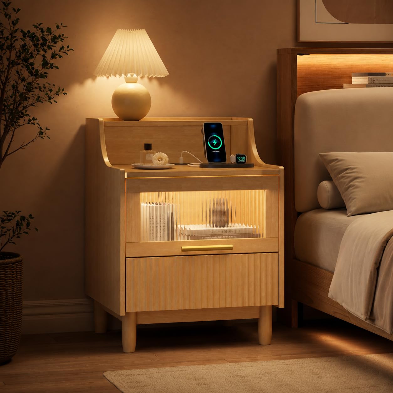 Einhomn Nightstand Set of 2 with Charging Station & LED Light, Fluted Beside Table with Drawer & Transparent Storage, Side Table for Living Room, Narrow Bedside Table for Bedroom Small Space, Natural