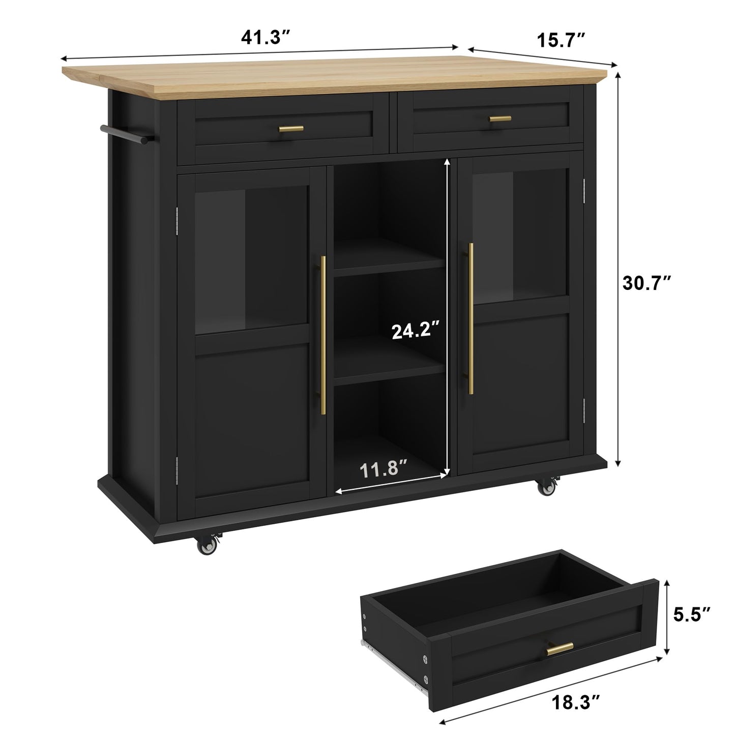 IDEALHOUSE Mobile Kitchen Island Cart with Storage & Drop Leaf - Rolling Kitchen Cabinet with Drawer, Shelf & Spice Rack for Dining Room (Black & Natural)