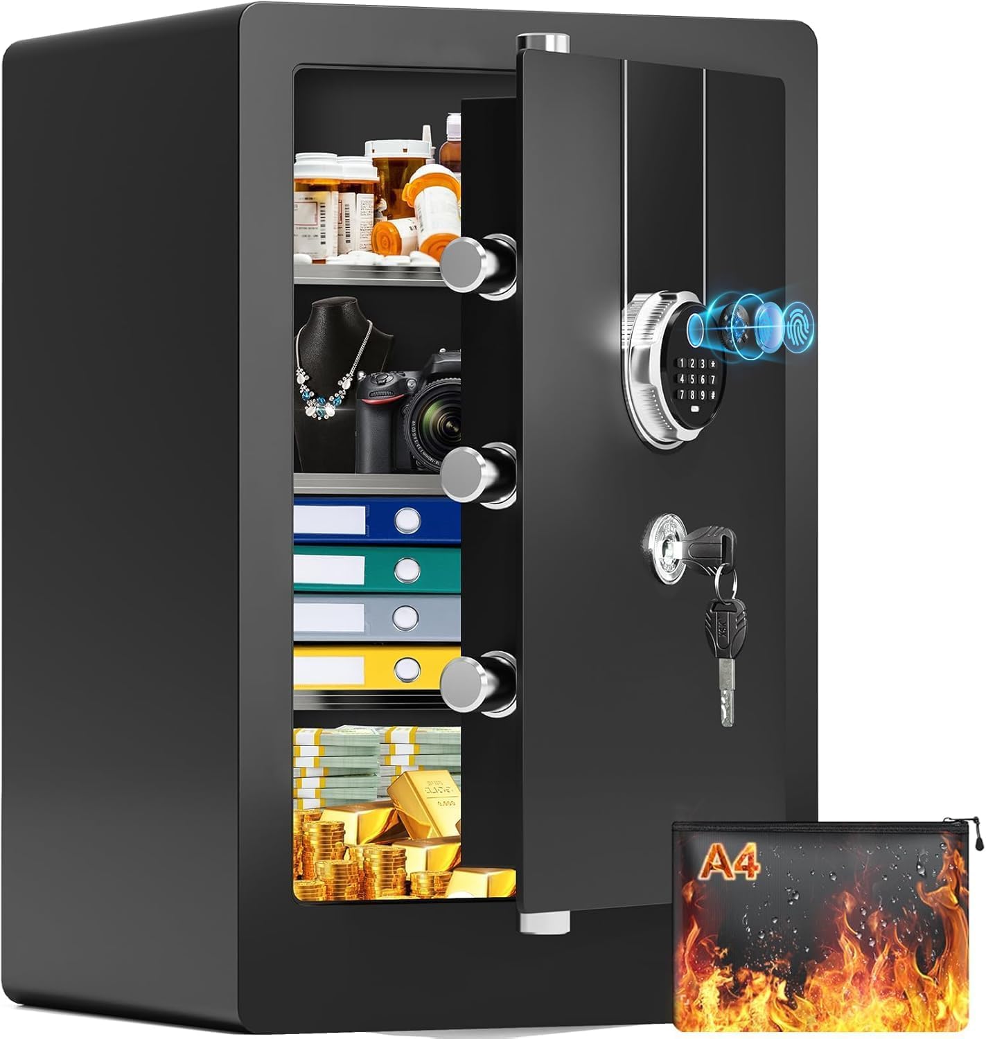 23.62'' Tall Large Biometric Fireproof Safe, Heavy Duty Quick-Access Fingerprint Safe Box with Fireproof Document Bag, 3 Removable Shelves, Dual Alert, Security Digital Safes for Home Office Use