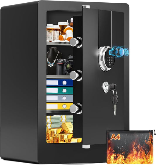 23.62'' Tall Large Biometric Fireproof Safe, Heavy Duty Quick-Access Fingerprint Safe Box with Fireproof Document Bag, 3 Removable Shelves, Dual Alert, Security Digital Safes for Home Office Use