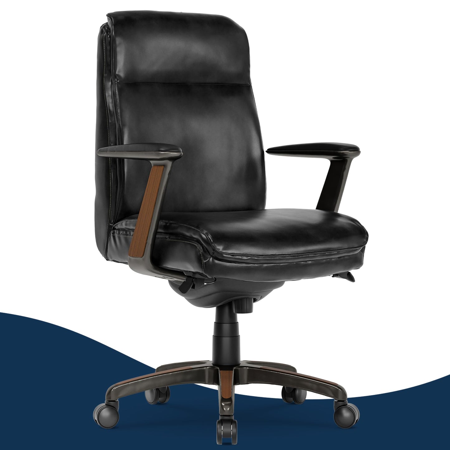 La-Z-Boy Dawson Modern Executive Office, Adjustable High Back Ergonomic Computer Chair with Lumbar Support, Black Bonded Leather with Wood Inlay