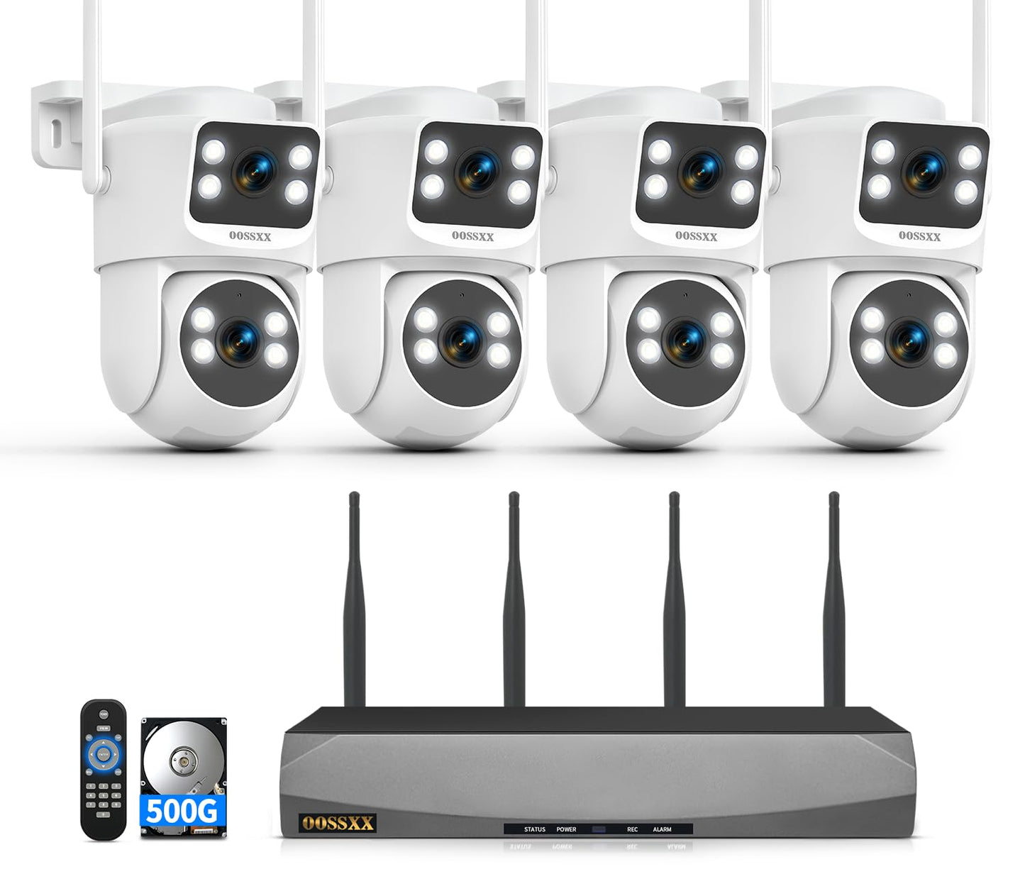 OOSSXX (2026 New) 4MP Dual Lens Wireless Security Camera System, 16CH WiFi NVR with 4 Cameras, 4 Antennas 55% Longer Range, Fixed + PTZ View, 500GB HDD, Free App No Monthly Fee