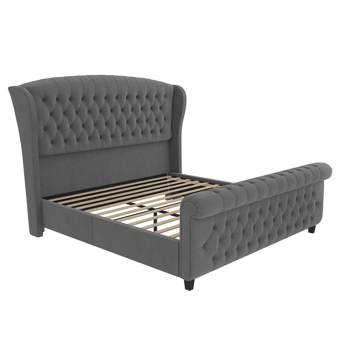 LUXOAK California King Size Platform Bed Frame, Velvet Upholstered Sleigh Bed with Curved Headboard & Footboard, Deep Button Tufted, Wood Slats Support, No Box Spring Needed, Grey