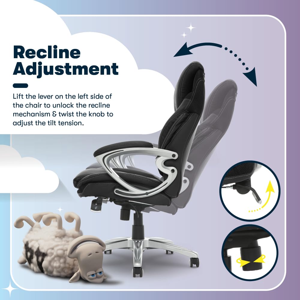 Serta Bryce Executive Office Chair, Ergonomic Computer Desk Chairs with Patented AIR Lumbar Support, Comfy Body Pillows, Height Adjustable, Swivel Base with Wheels, Bonded Leather, Black