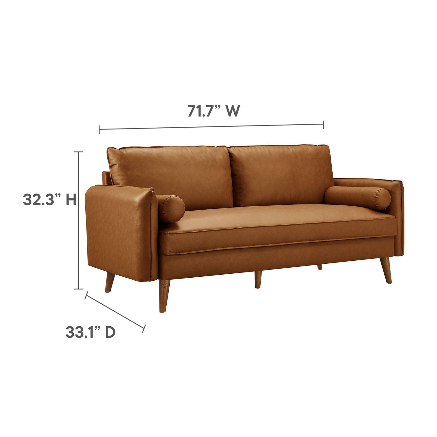 Modway Revive 72 Inch Faux Leather Sofa in Tan – 3 Seater PU Leather Couch with Cozy Wide Seats - Mid-Century Modern Upholstered Sofa for Living Room or Office