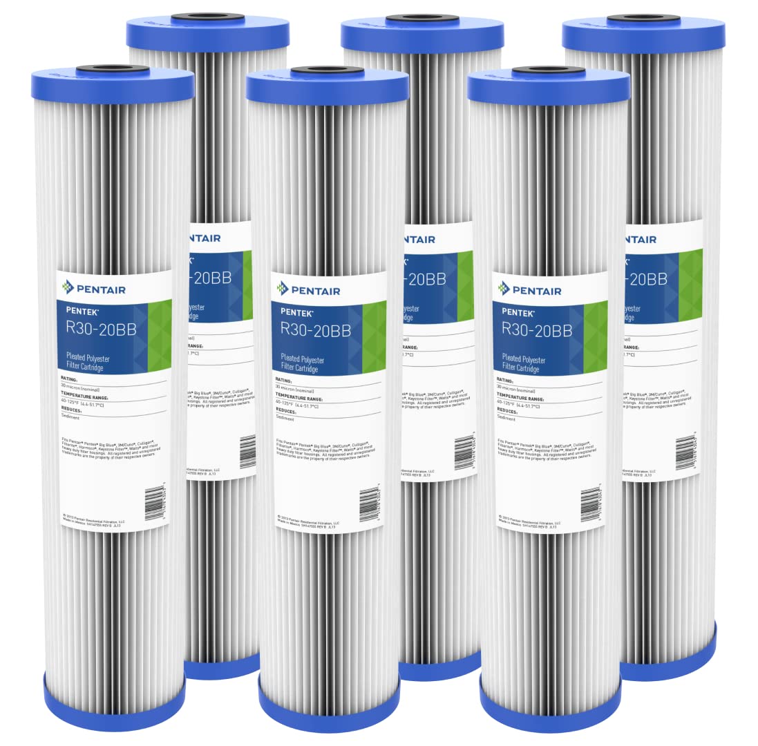 Pentair Pentek R30-20BB Big Blue Sediment Water Filter, 20-Inch, Whole House Pleated Polyester Filter Cartridge, 20" x 4.5", 30 Micron, Pack of 6