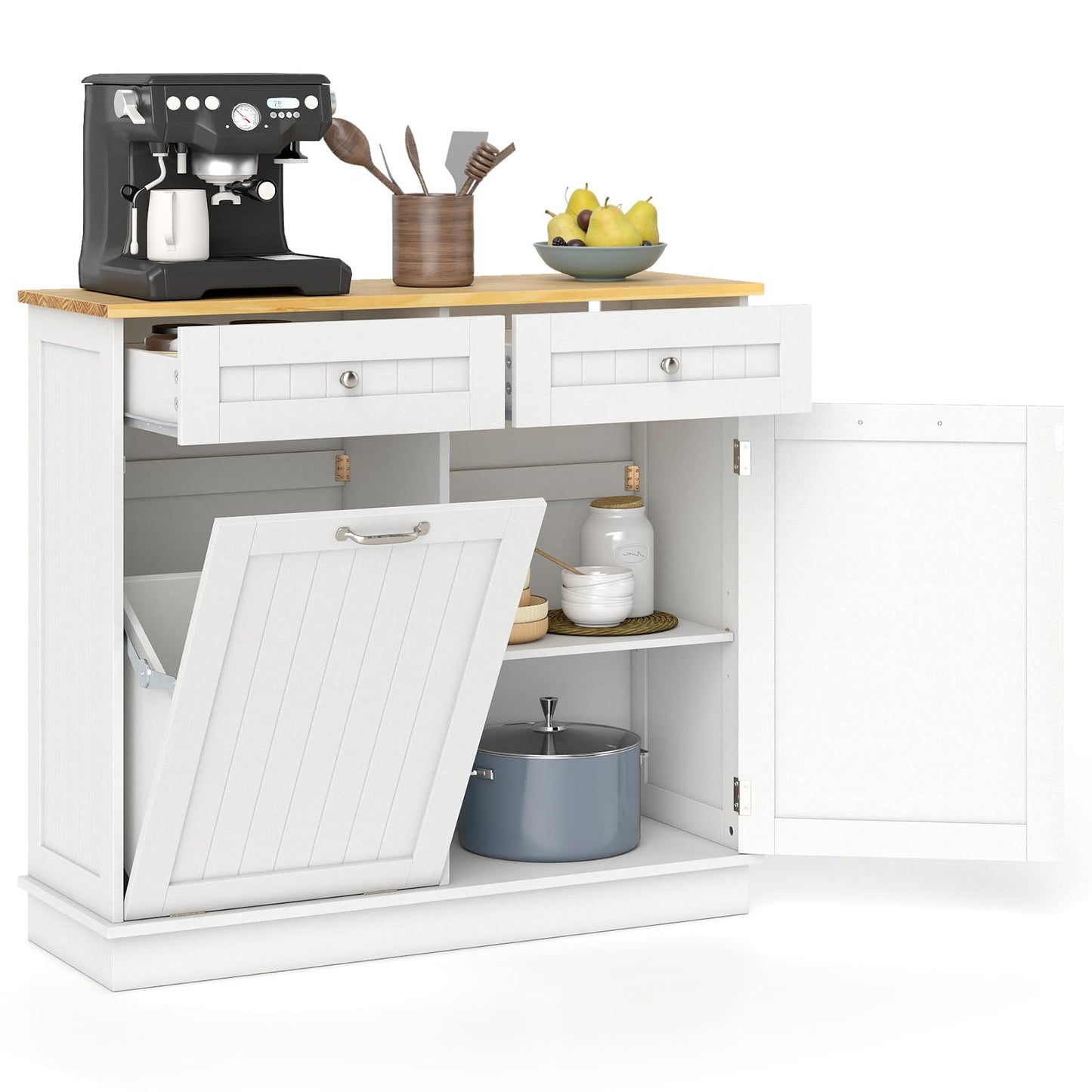 Giantex Tilt Out Trash Can Cabinet, Kitchen Island Table w/Solid Wood Top, 2 Drawers, Adjustable Shelf for Hidden Laundry Hamper, Pet Proof Garbage Can for Dining Living Room (White, 14.5 Gal)