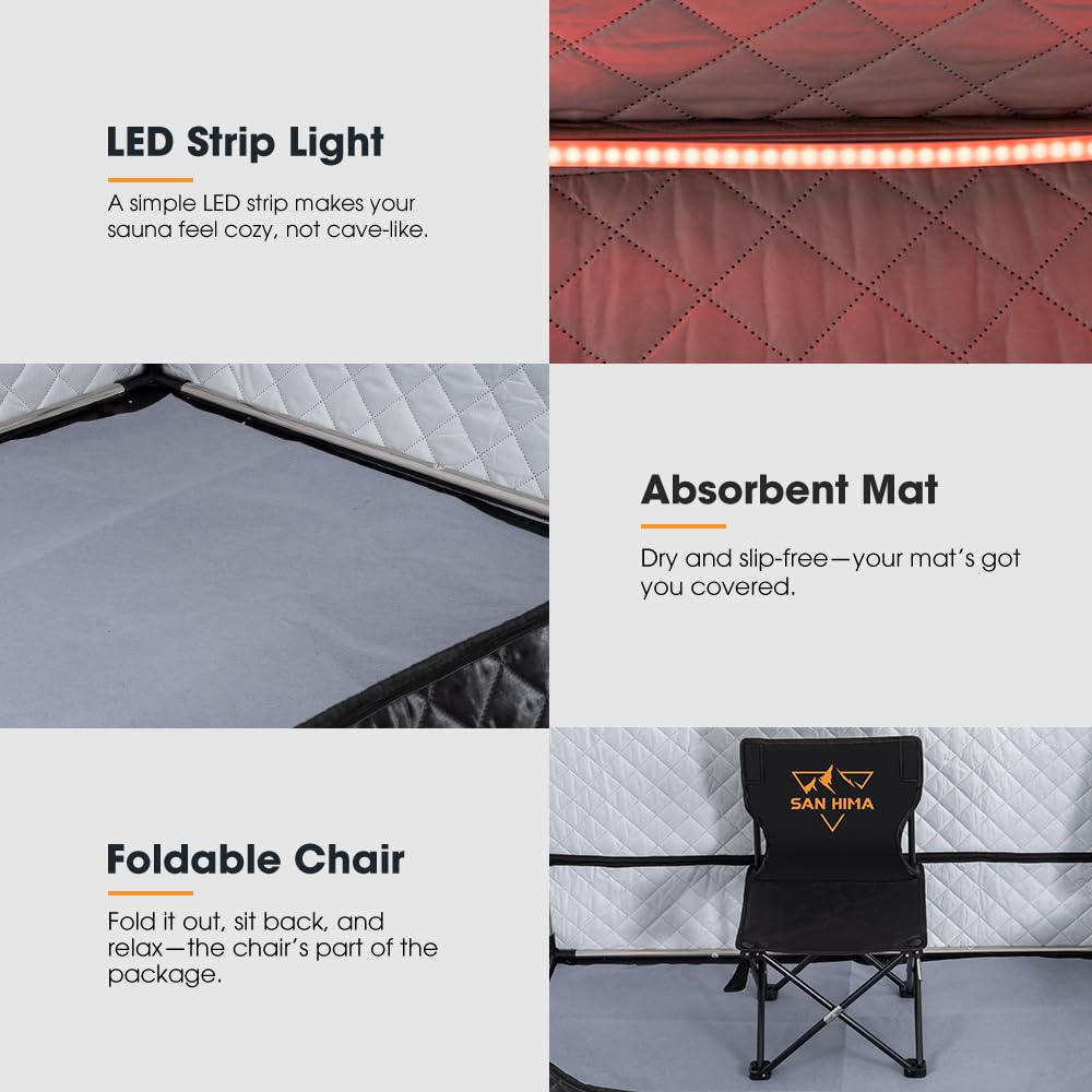 SAN HIMA 2 Person Portable Sauna for Home, Steam Sauna Box with Red Light Therapy, 3L 1500W Steamer, 9 Heat Levels, 90 Minute Timer, Foldable Chair, Remote Control, Indoor Home Spa Sauna Tent
