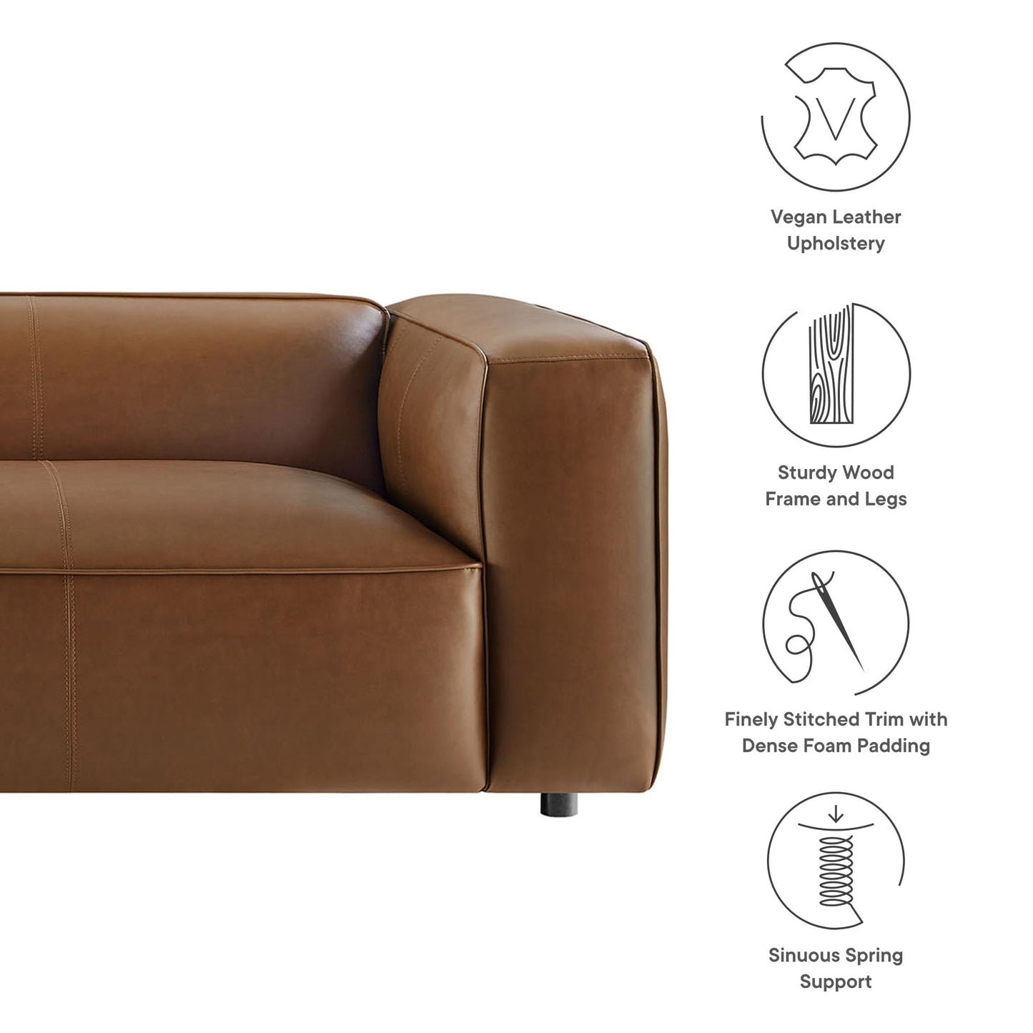 Modway Auren Vegan Leather Sofa in Coffee - Faux Leather Couch - Comfy Modern PU Leather Sofa - Oversized Mid Century Modern Couch for Living Room, Apartment, Loft