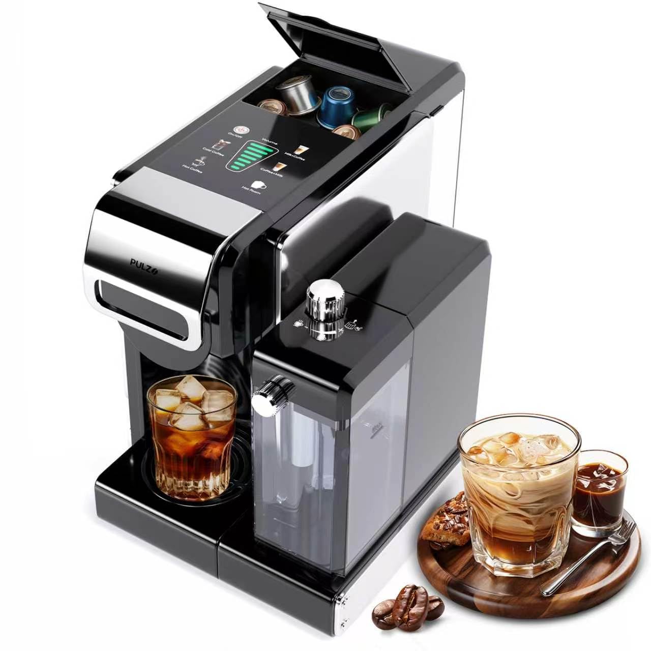 PULZO Espresso Machine with Integrated Automatic Milk Frother, capsule coffee maker for K*cup capsule/Ne*s Original/coffee powder, One Touch Latte & Cappuccino