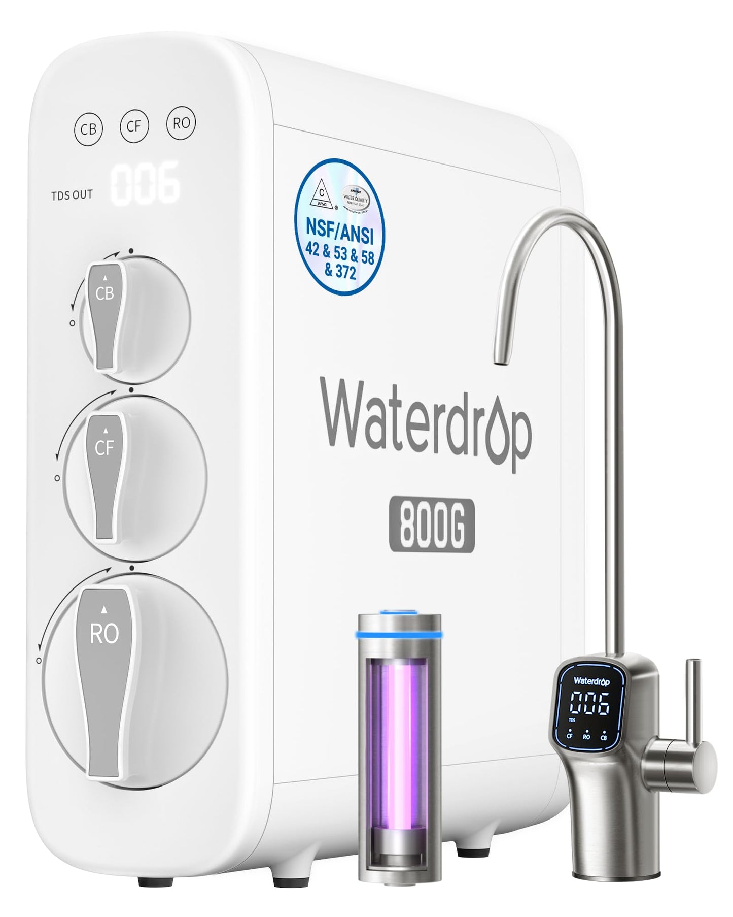 Waterdrop G3P800 Reverse Osmosis System, 800 GPD Fast Flow, NSF/ANSI 42 & 53 & 58 & 372 Certified, 3:1 Pure to Drain, Tankless Under Sink RO Water Filter System, LED Purifier, Smart Faucet